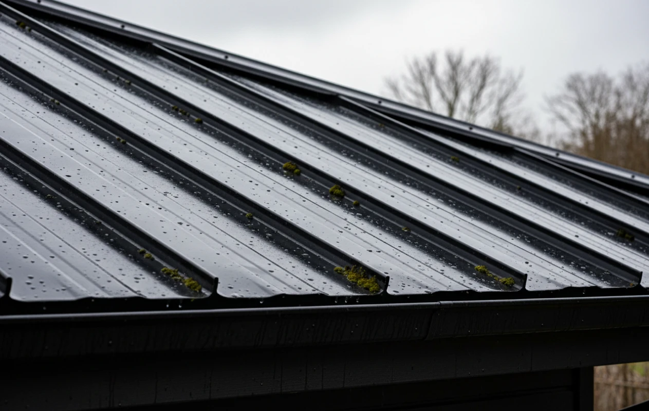 Close-up of a dark metal standing seam roof