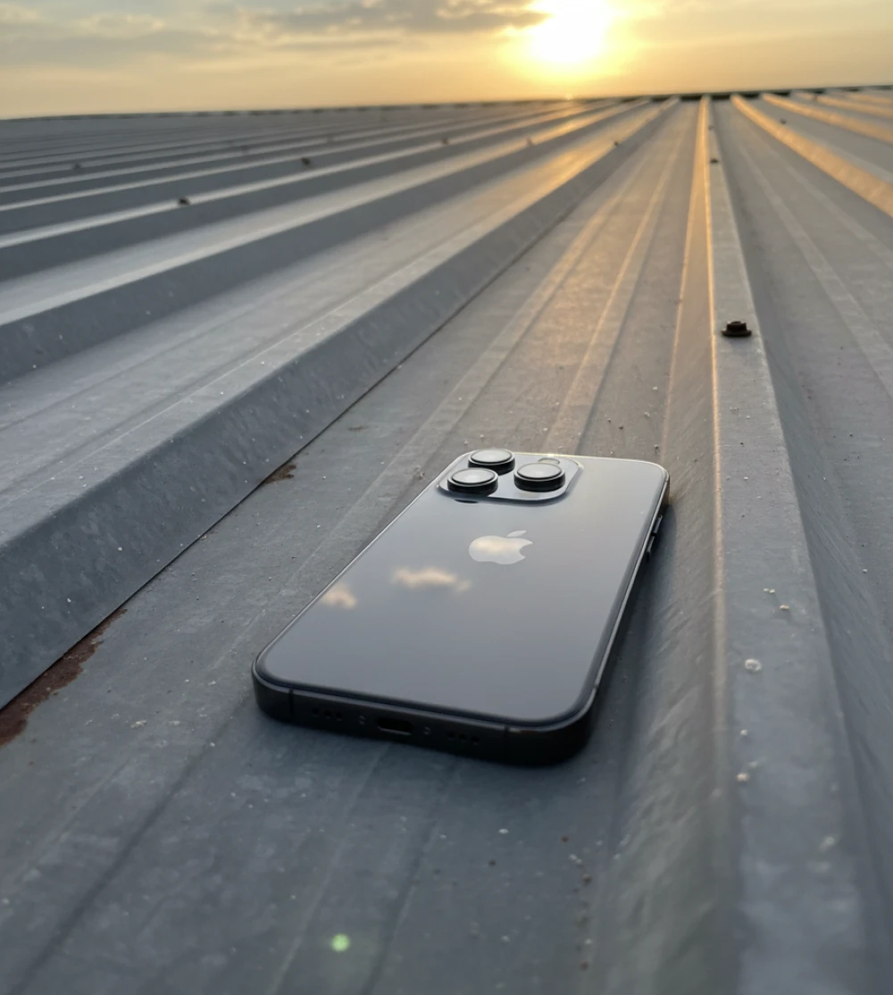Corrugated metal roof with a phone at sunset