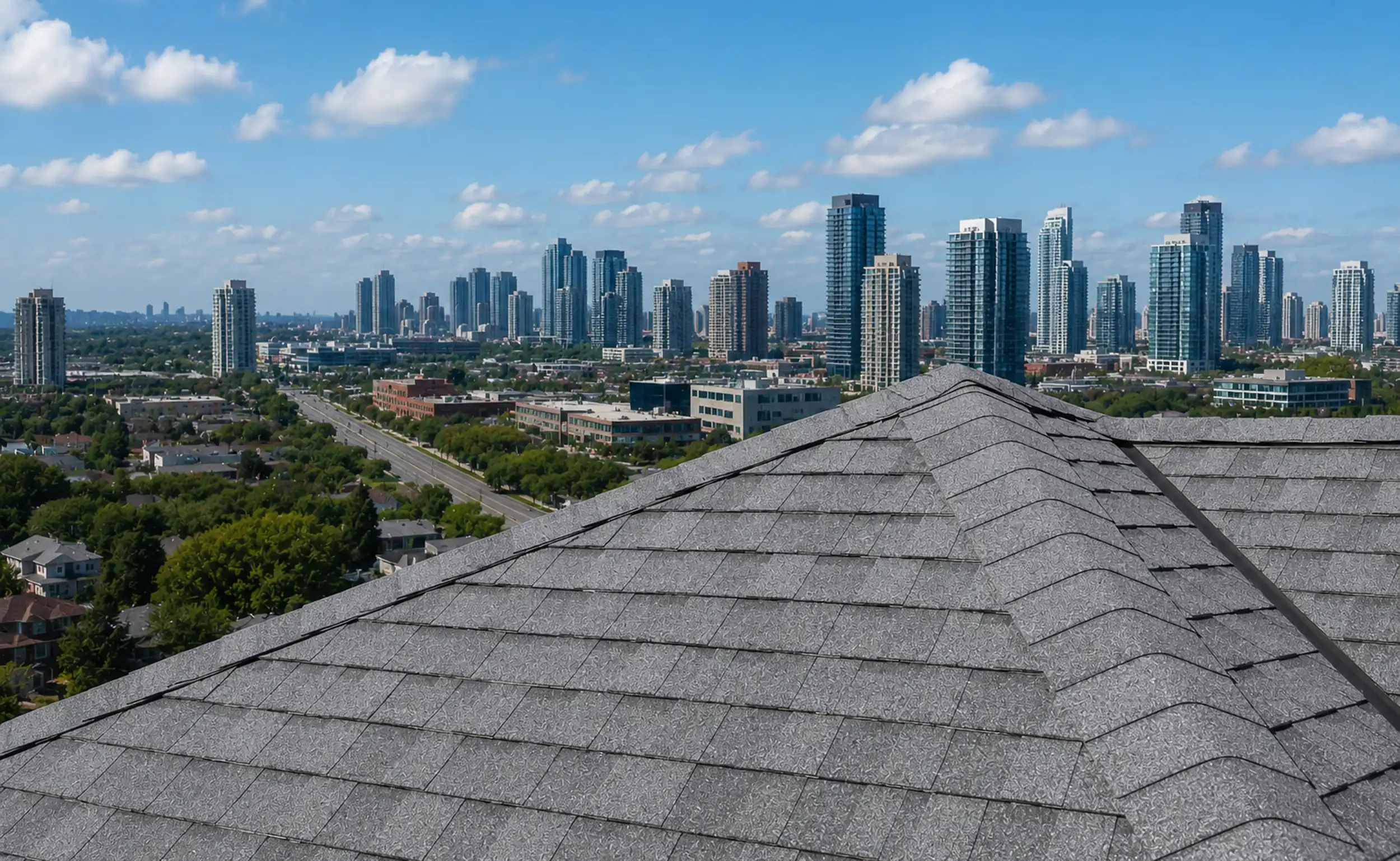 Shingle roof in the foreground with the Etobicoke skyline in the background