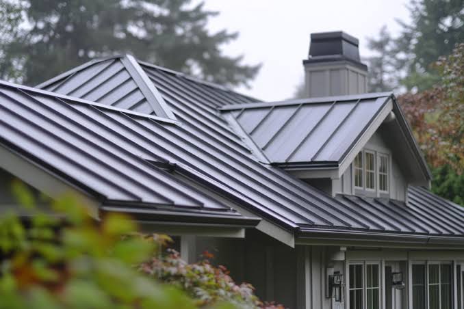 Dark metal standing seam roof on a house surrounded by trees