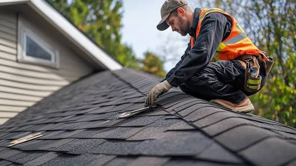 Roofer in a safety vest installing shingles on a residential roof