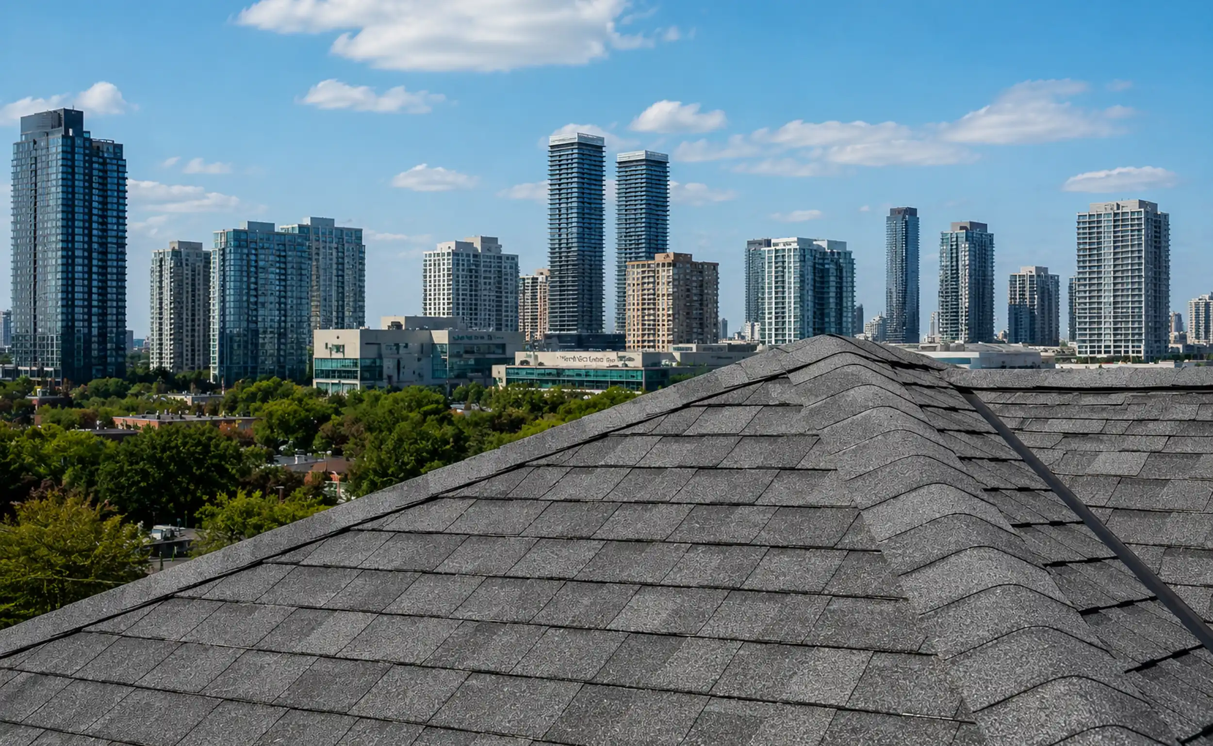 North York high-rises seen beyond a grey shingle rooftop