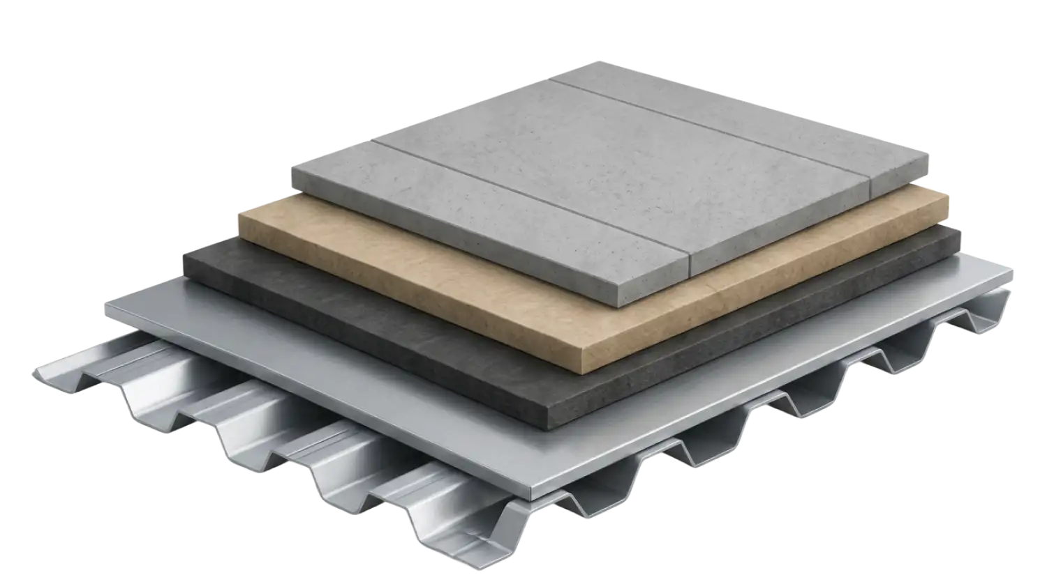 Exploded view of commercial roofing material layers