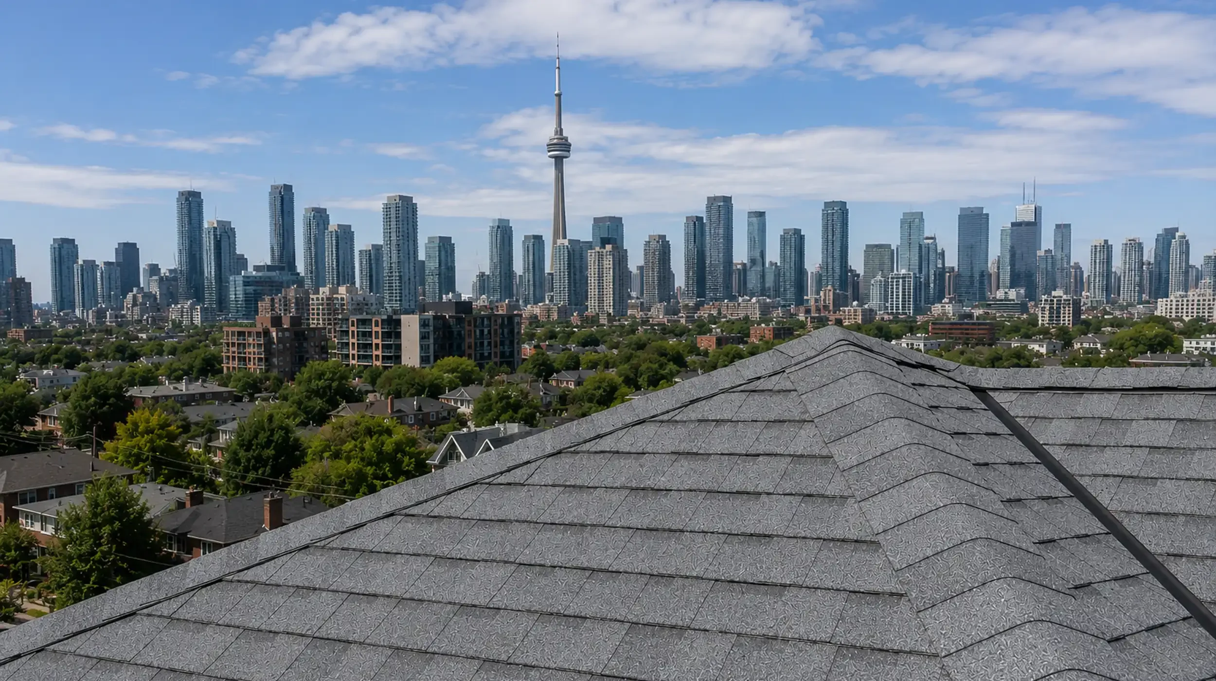 Shingle roof in the foreground with the Toronto skyline and CN Tower in the background