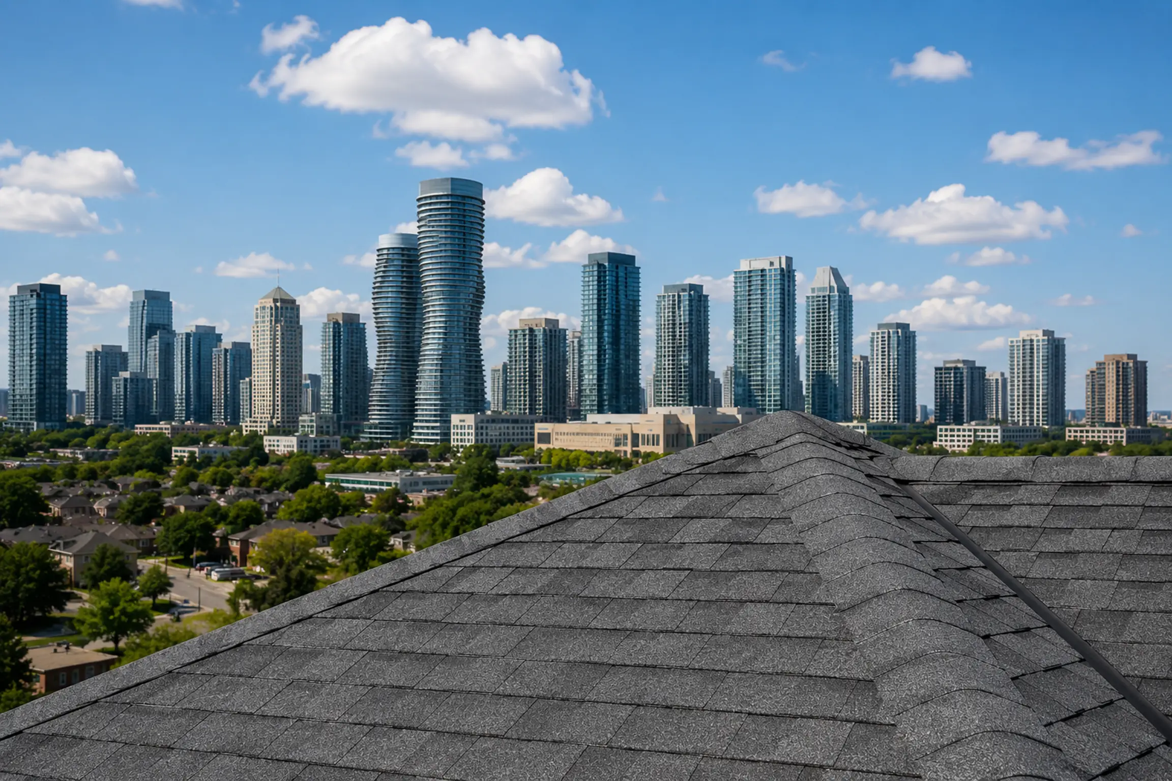 Shingle roof with the Mississauga skyline and its curved condo towers behind it