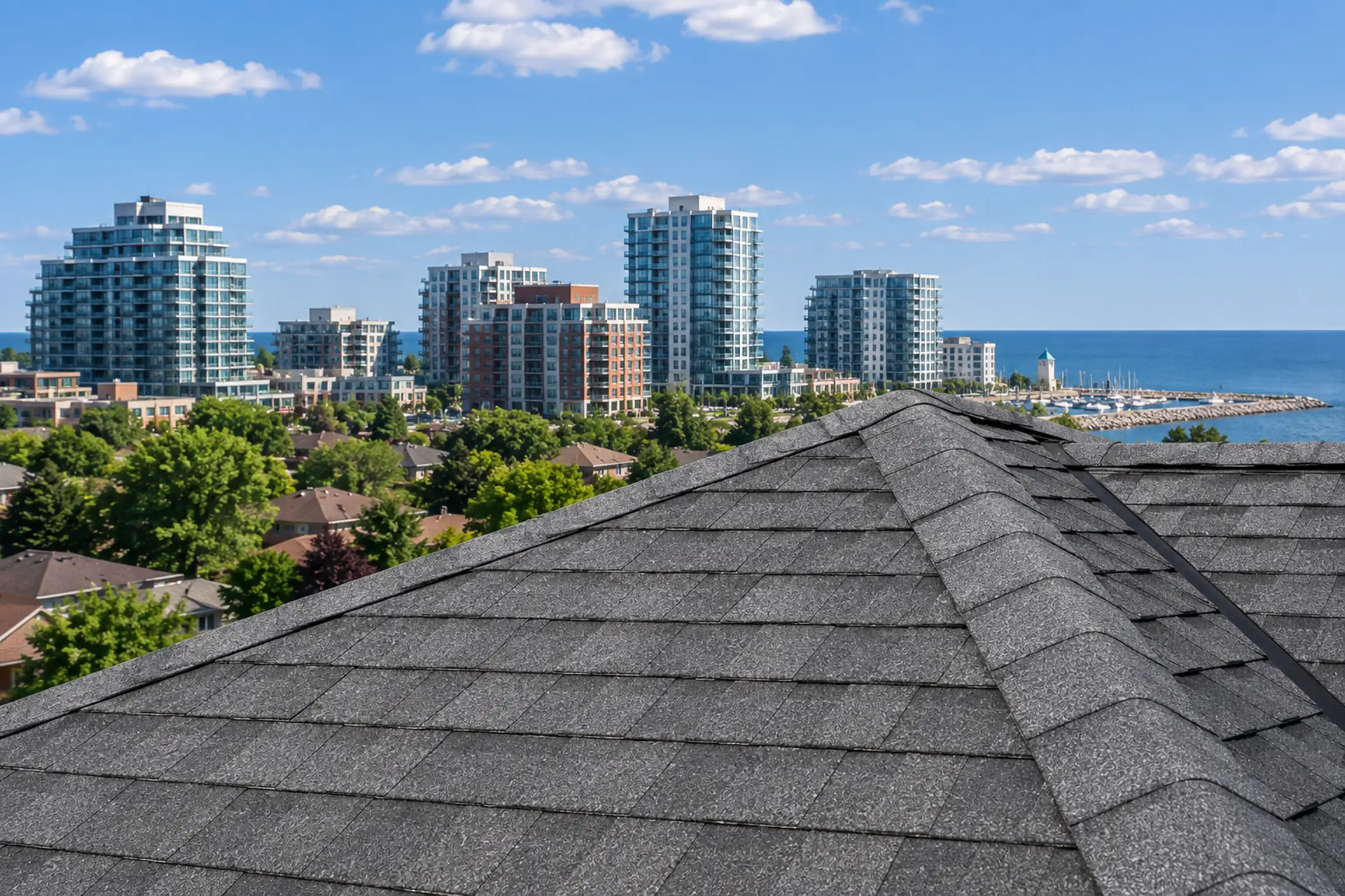 Shingle roof overlooking Oakville condo towers and a lakeside marina