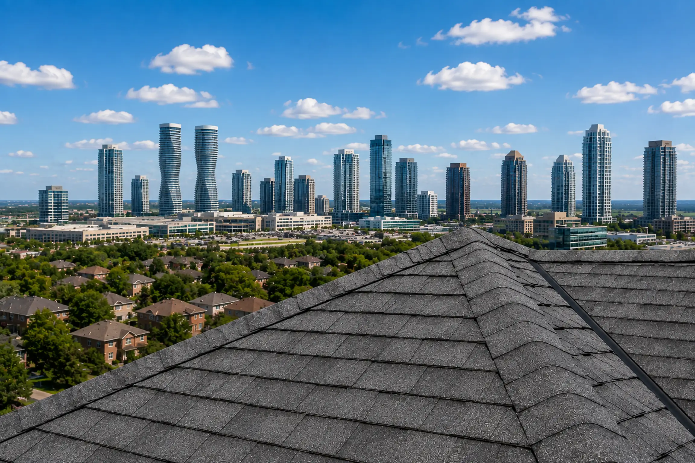 Shingle roof with the Vaughan skyline and its twisting condo towers in view