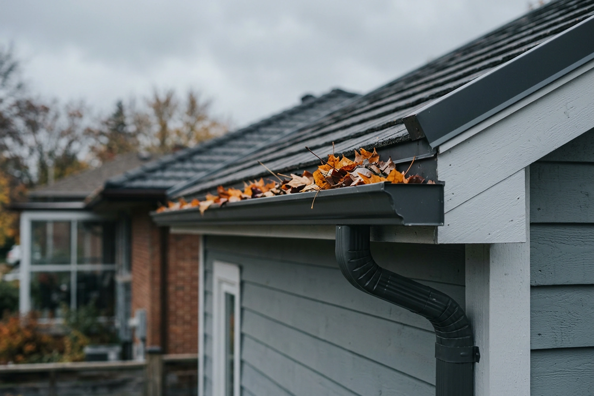 Clogged eavestrough filled with autumn leaves on a residential roof before GTA winter gutter cleaning