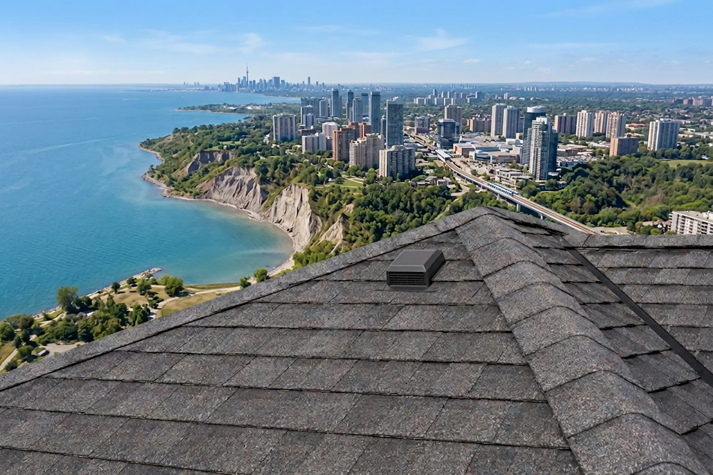 Clogged eavestrough filled with autumn leaves on a residential roof before GTA winter gutter cleaning