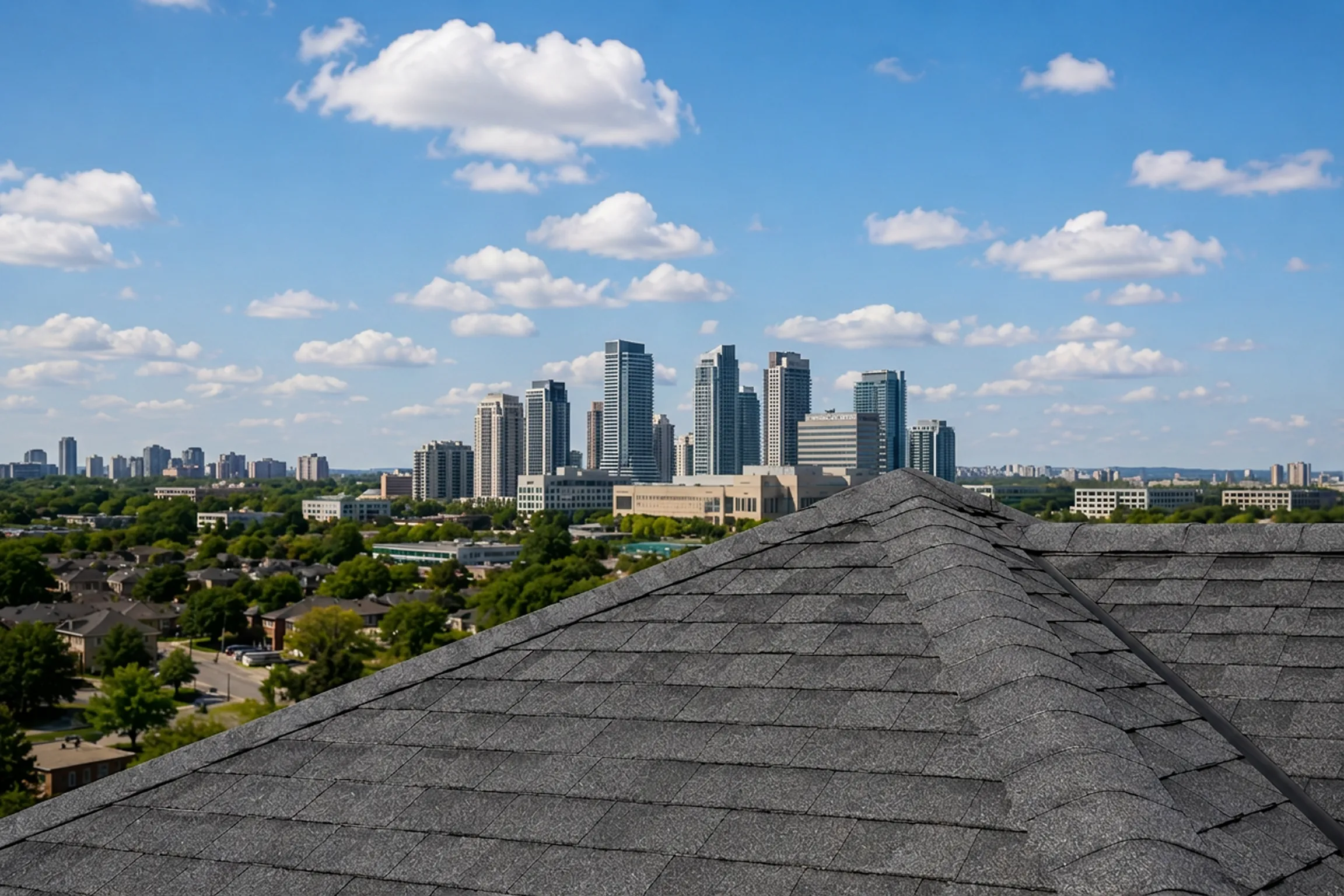 Shingle roof in Thornhill with a distant cluster of high-rise towers on the horizon