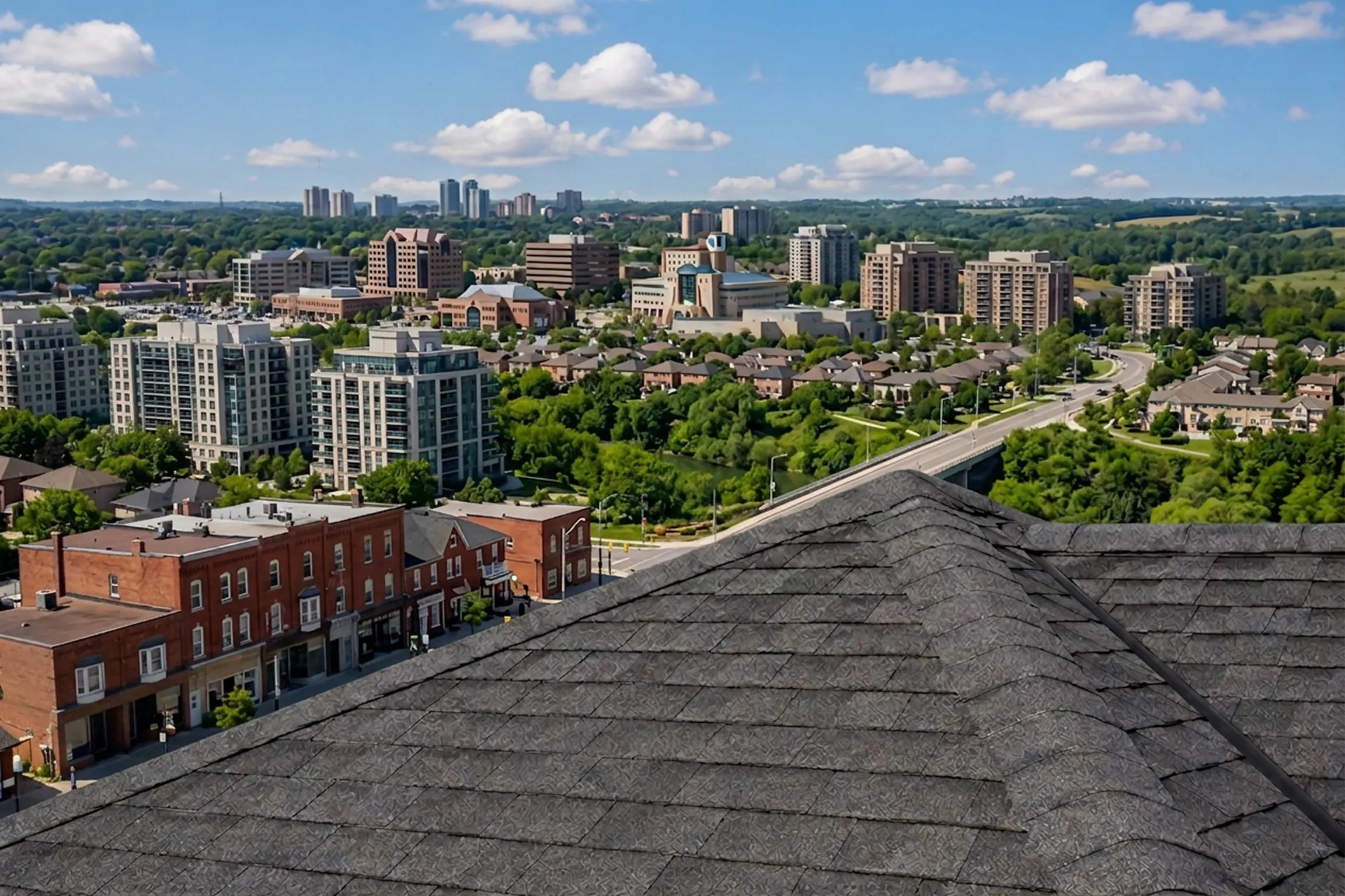 Shingle roof above Woodbridge's heritage Main Street, with the Vaughan skyline behind it